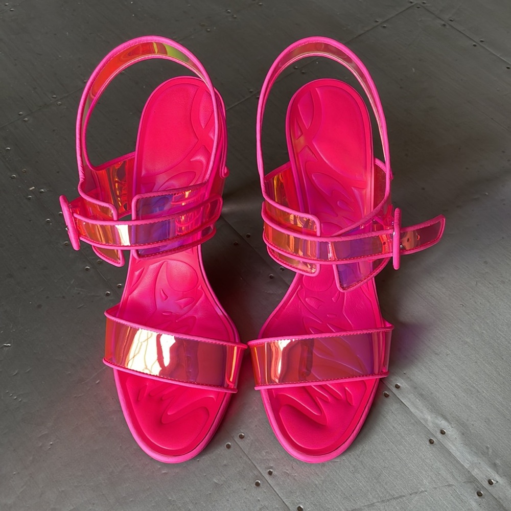 Christian Louboutin loubi duniss 100mm pink neon pvc pump peep toe sandal s 38.5 - Picture 4 of 12